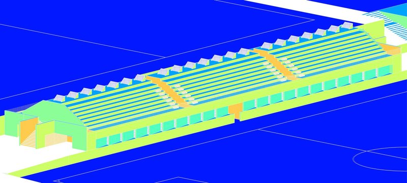 Axonometric drawing of the elongated structure with parallel sawtooth roof monitors and central entrance volume
