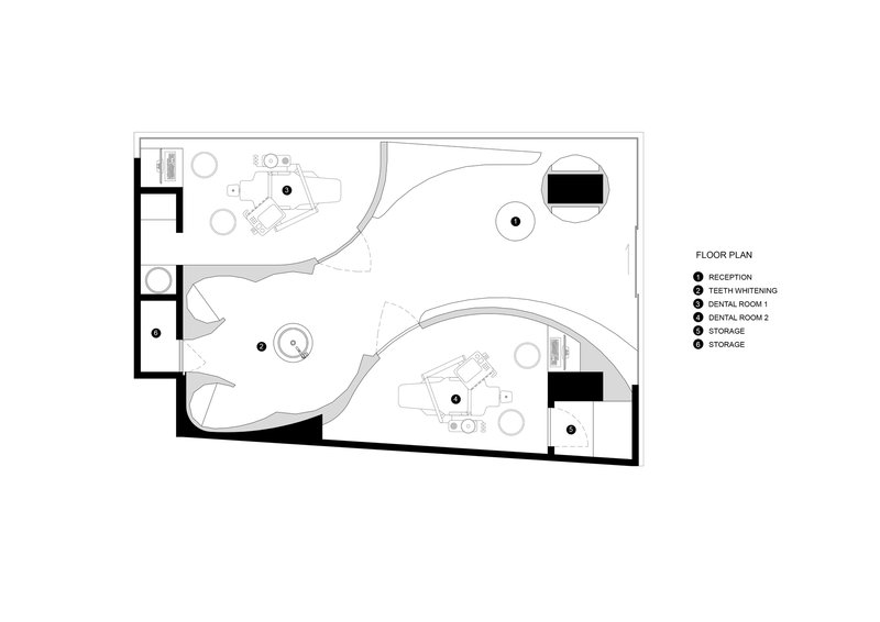 Floor plan drawing showing curved walls and distributed program areas including reception, dental rooms, and storage