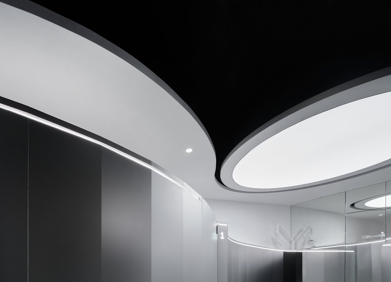 Ceiling detail showing curved white and black panels meeting at an elliptical light fixture