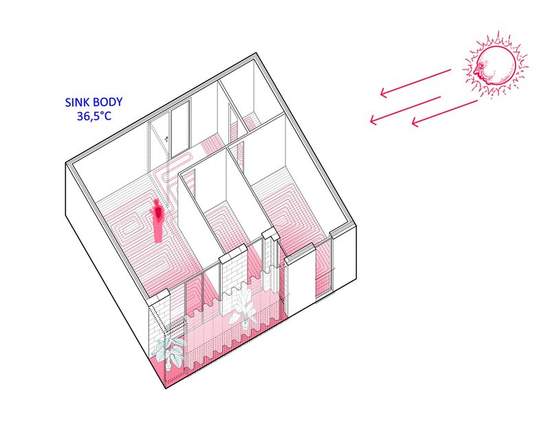 Isometric diagram showing radiant floor heating and cooling systems within a residential unit under direct sunlight