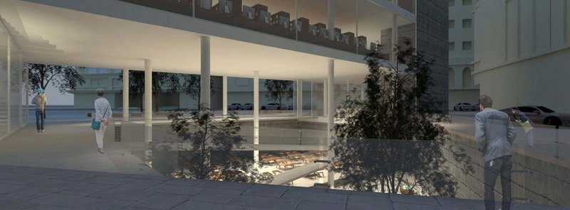 Ground-level public plaza blurring boundaries between landscape and built form