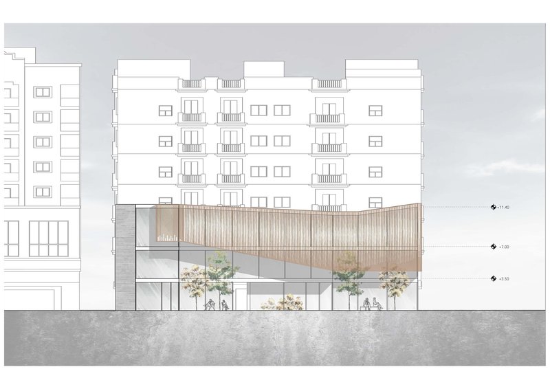 Street elevation with perforated wooden facade filtering light and defining civic identity