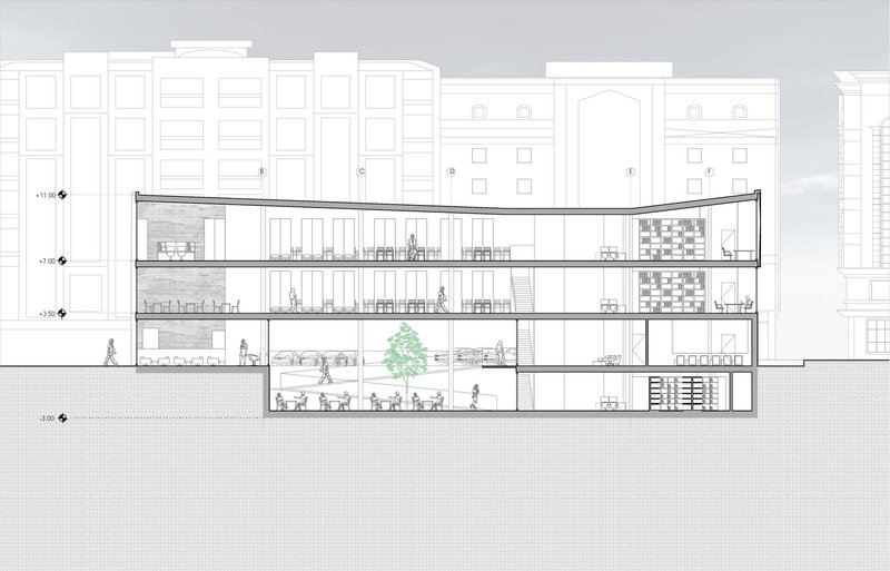 Longitudinal section illustrating spatial hierarchy from underground plaza to upper reading zones