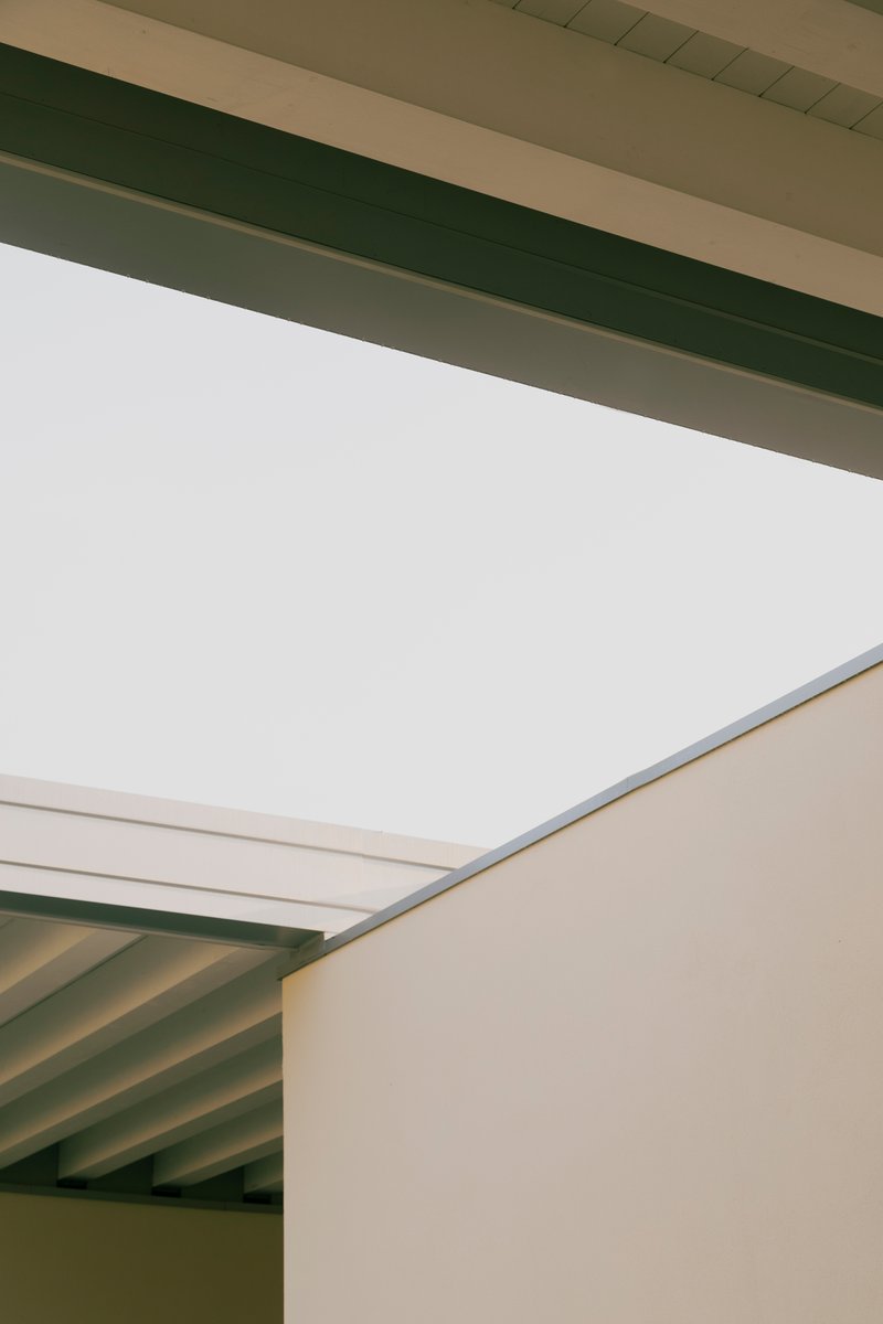Interior detail of exposed ceiling joists and beams with recessed white panel between olive-painted structural members