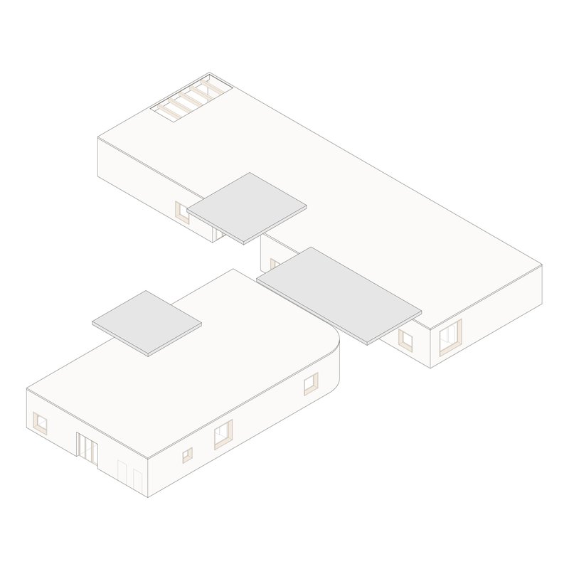 Axonometric drawing showing two offset rectangular volumes connected by circulation spaces and three shaded courtyards
