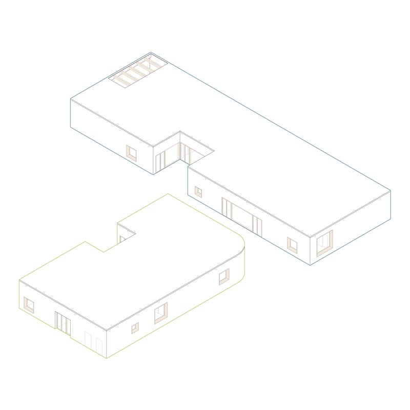 Axonometric drawing showing two offset rectangular volumes with highlighted walls and connecting transparent circulation zone