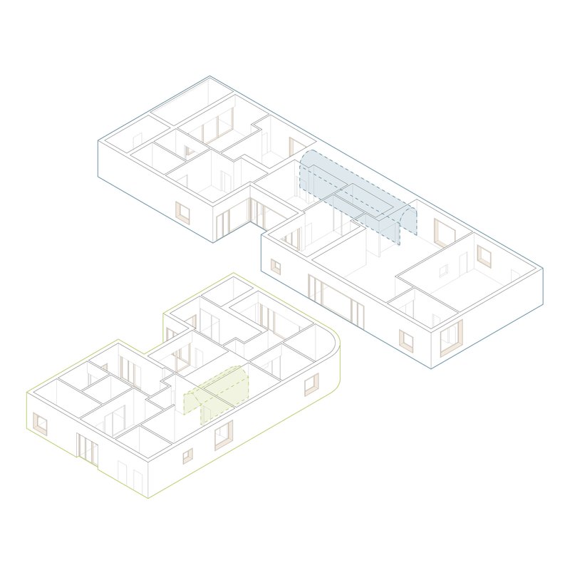 Axonometric drawing showing two offset residential volumes with interior partitions and a highlighted central courtyard