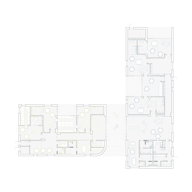 Floor plan drawing depicting multiple interconnected spaces with furniture layouts and scattered tree symbols
