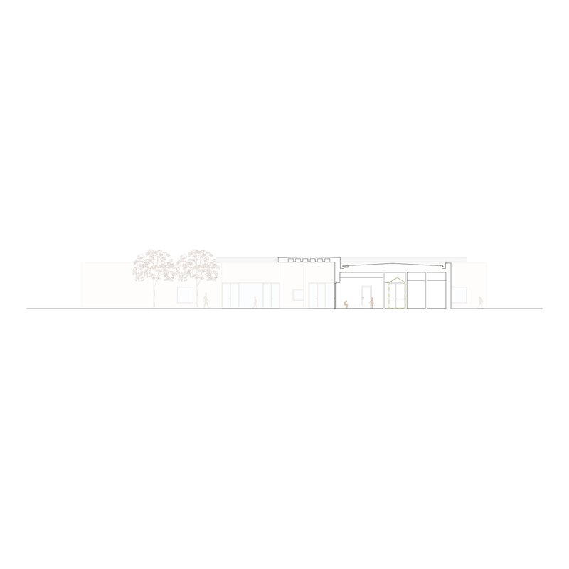 Elevation drawing showing a low horizontal volume with arched openings and flanking trees