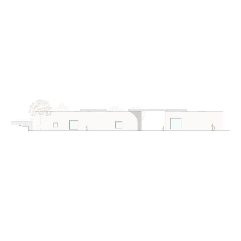 Elevation drawing revealing a curved interior passageway connecting two flat-roofed volumes with square windows
