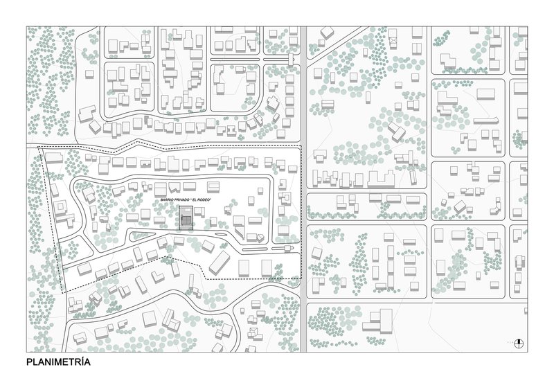 Site plan drawing showing curving streets, building footprints, and tree clusters across a residential area