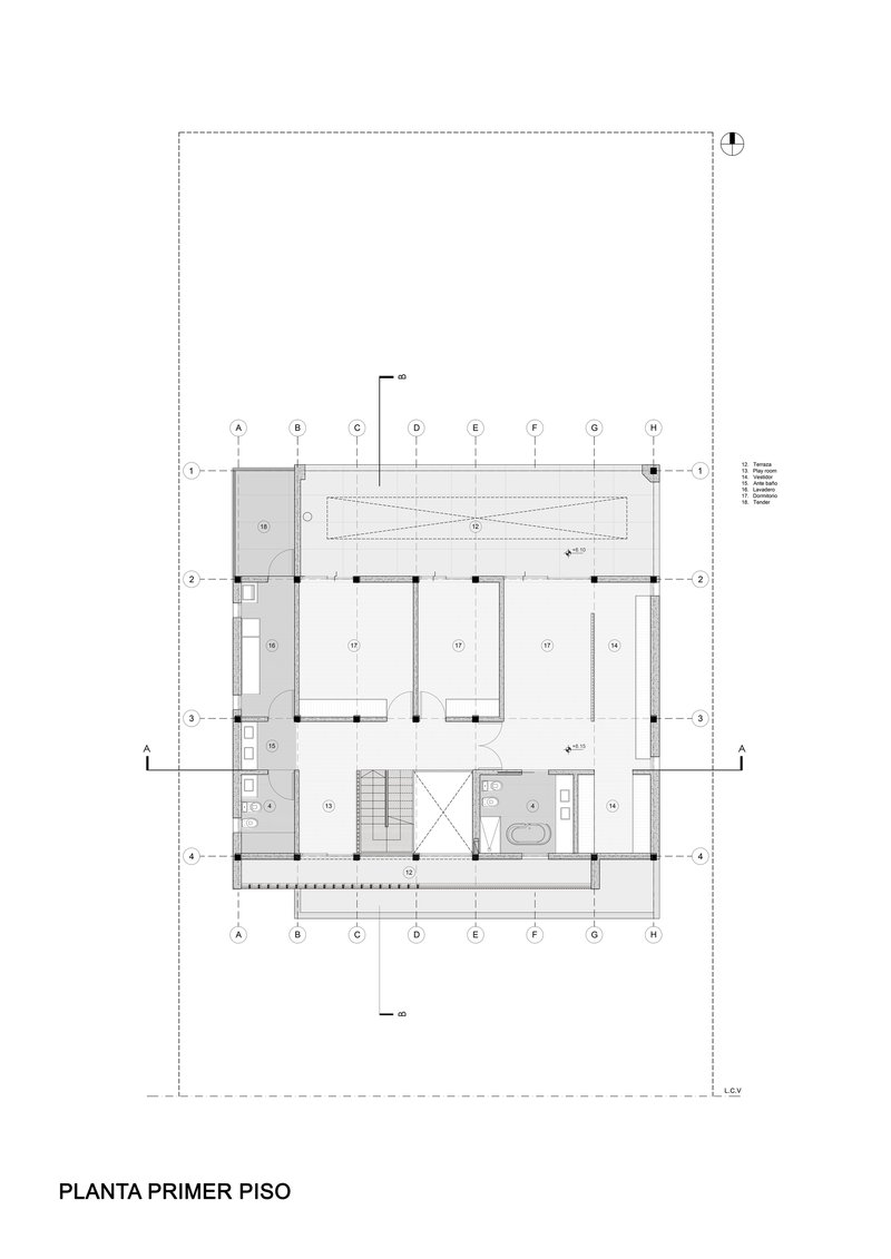 First floor plan drawing showing bedroom layout with central circulation core and bathrooms