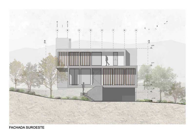 Southwest elevation drawing showing three-level volume with vertical wood screens and figure silhouettes on slope