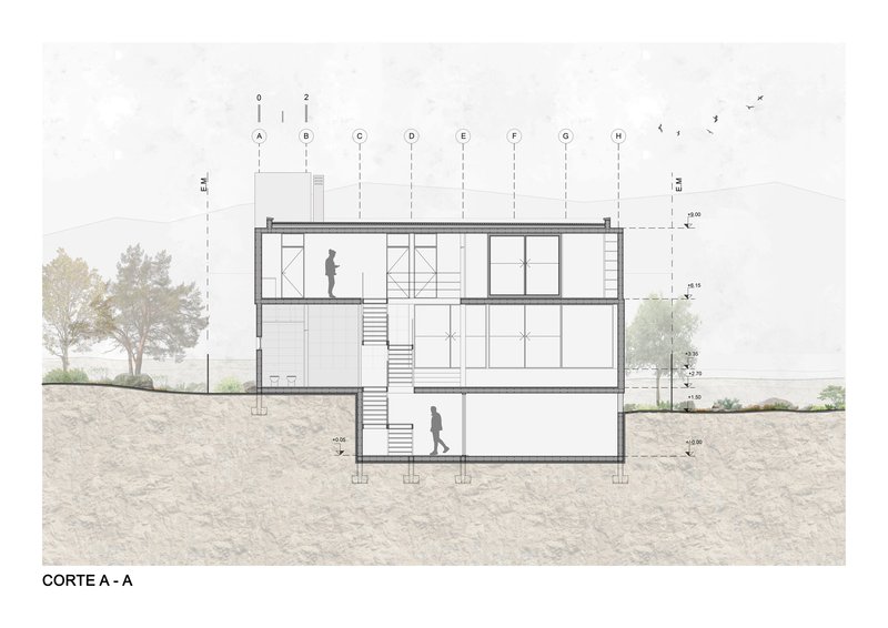 Section drawing cutting through the staircase showing three levels stepping down the hillside with trees