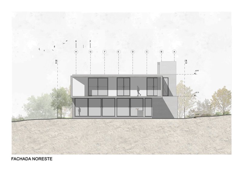 Elevation drawing of a two-story residence cut into a hillside with surrounding trees