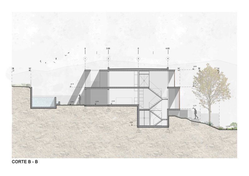 Section drawing showing the internal staircase and split-level configuration embedded in sloped terrain