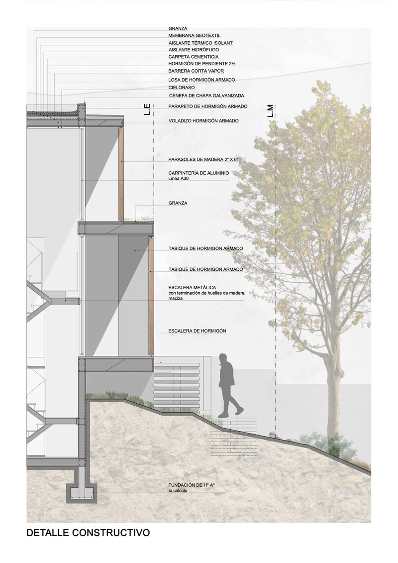 Construction detail section showing the layered wall assembly with a figure on exterior steps