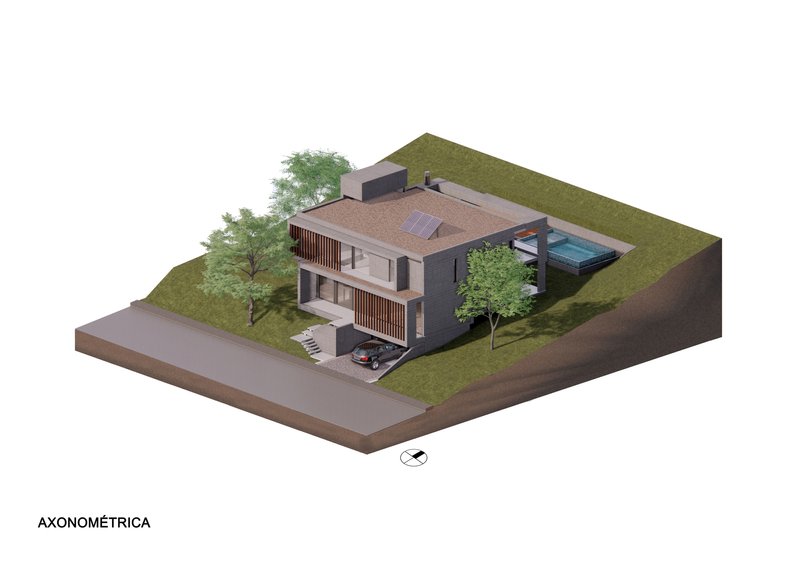 Axonometric drawing of a multi-level dwelling with a pool and landscaped sloped site