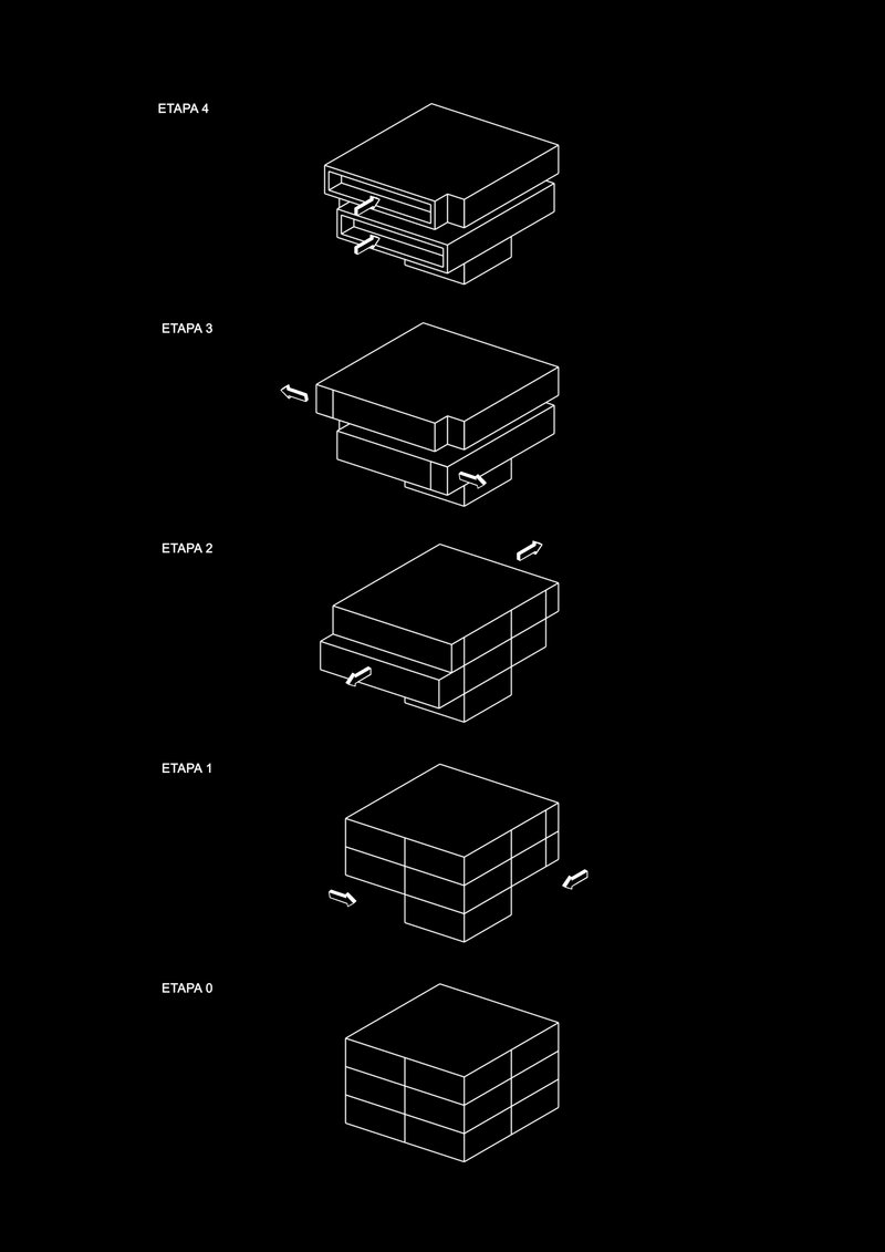 Isometric diagram showing five construction phases from foundation to completed stacked volumes