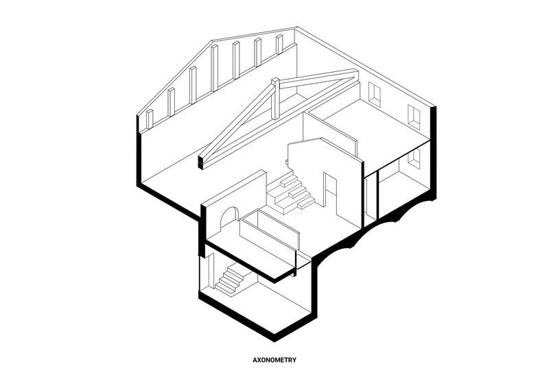 Axonometric drawing showing interior spatial arrangement with exposed timber trusses and central staircase