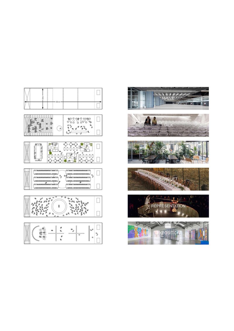 Floor plan drawings showing various spatial configurations paired with interior and event photographs