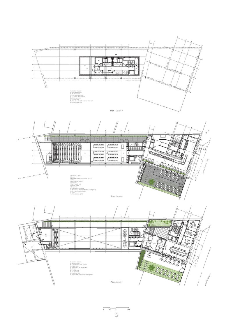 Floor plan drawings showing three levels with planted terraces and angled building geometry at street corner