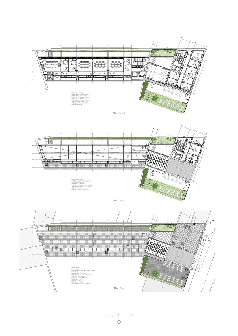 Floor plan drawings showing three upper levels with planted terraces and rooftop elements at building corner