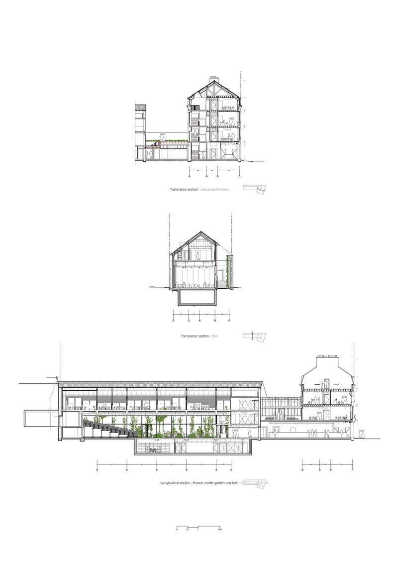 Section drawings showing a gabled multi-story house connected to a horizontal wing with a winter garden