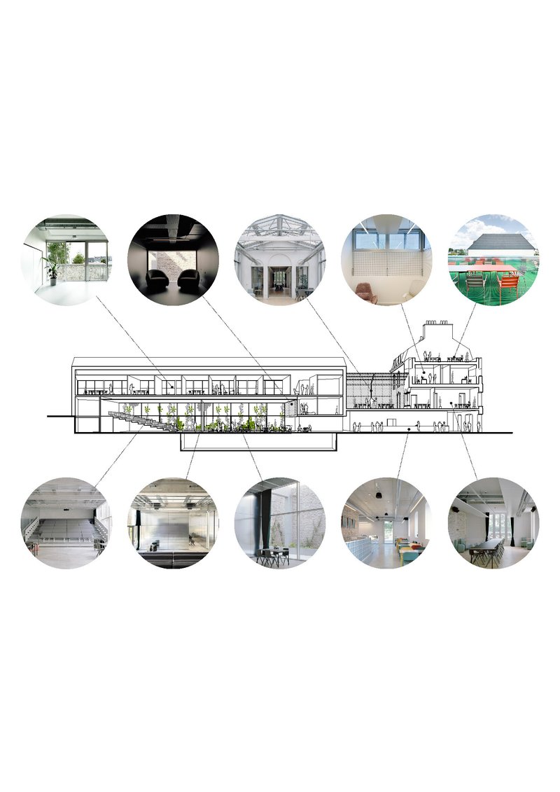 Longitudinal section drawing with circular photographic vignettes highlighting interior and exterior spaces throughout the complex