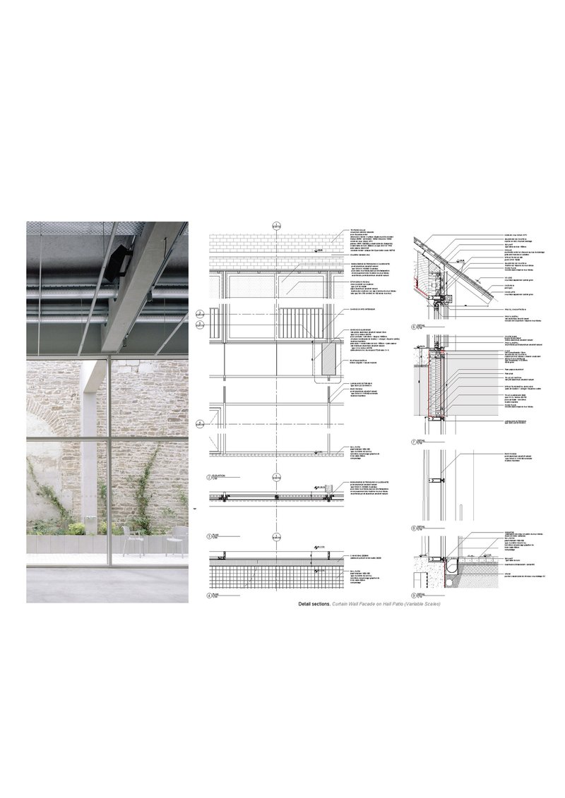 Detail section drawings with a photograph of a street-facing glazed courtyard and stone wall with vegetation