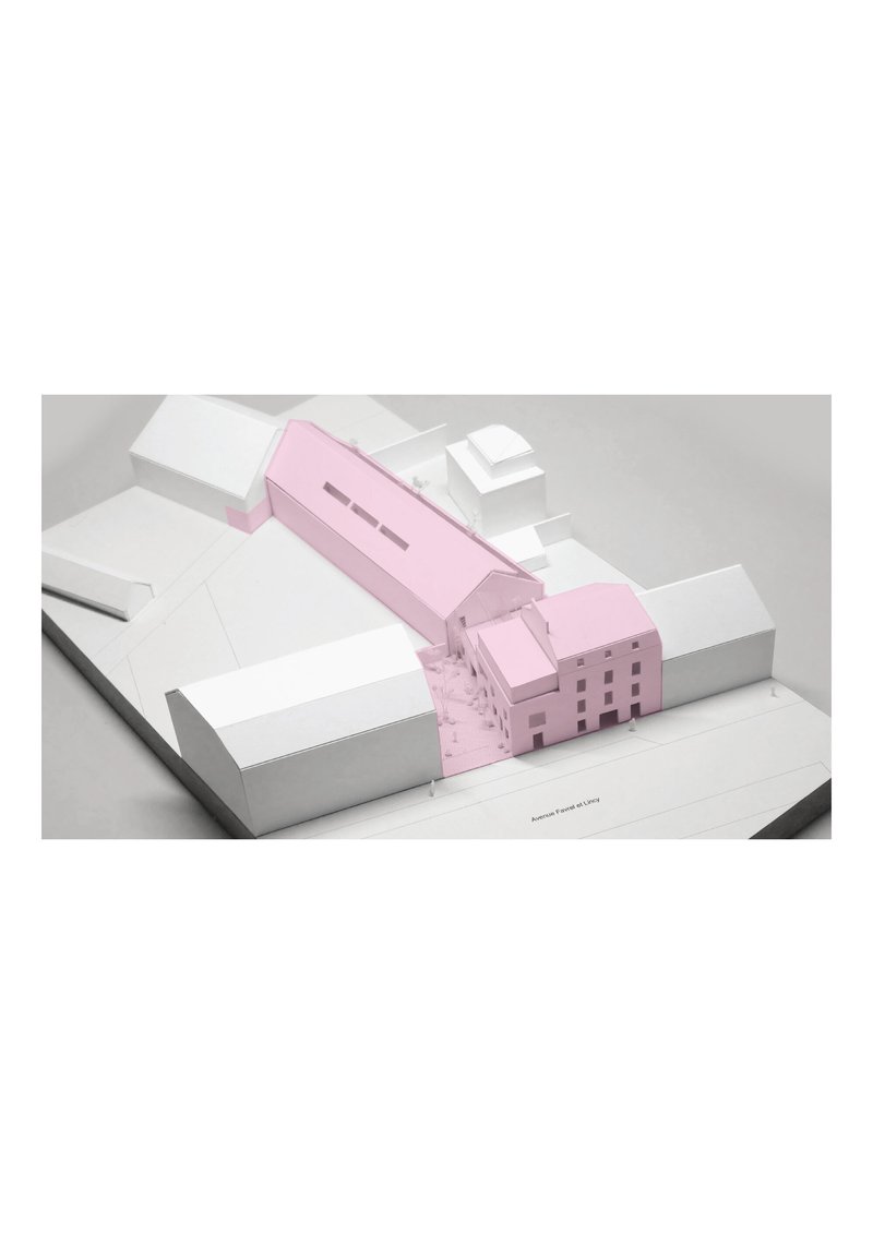 Physical model showing pink volumes inserted between white building masses on a white base