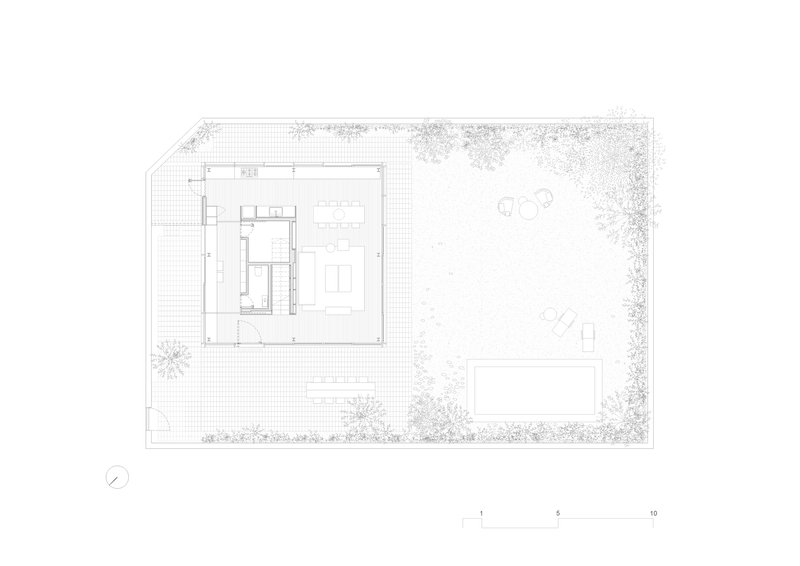 Site plan drawing showing the residence and pool surrounded by landscape with tree symbols