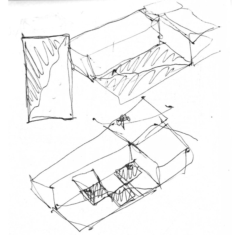 Sketch depicting exploded axonometric view of roof planes and interior volumes with a staircase