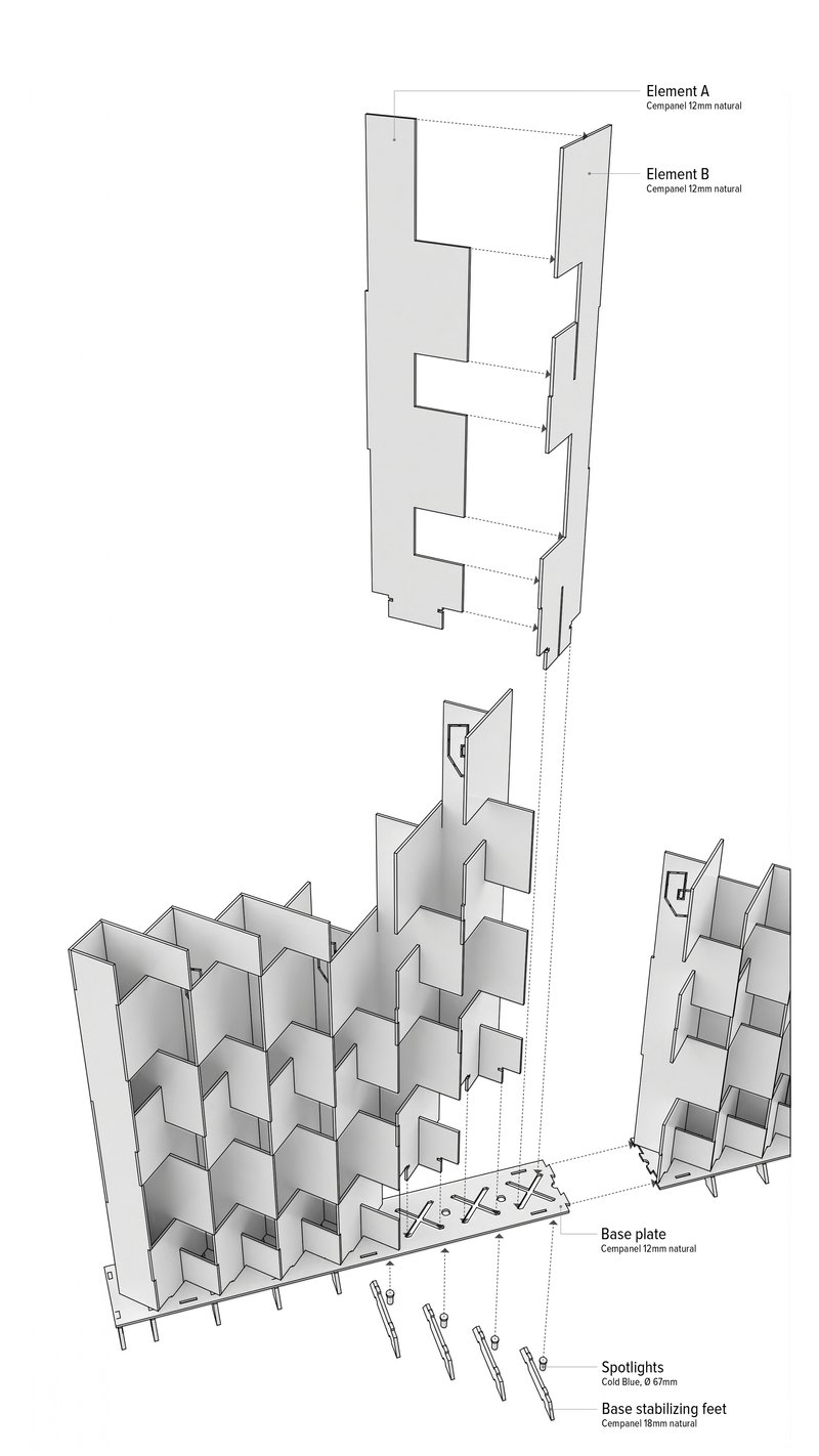 Exploded axonometric drawing showing the assembly of modular wall components with base plate and spotlights