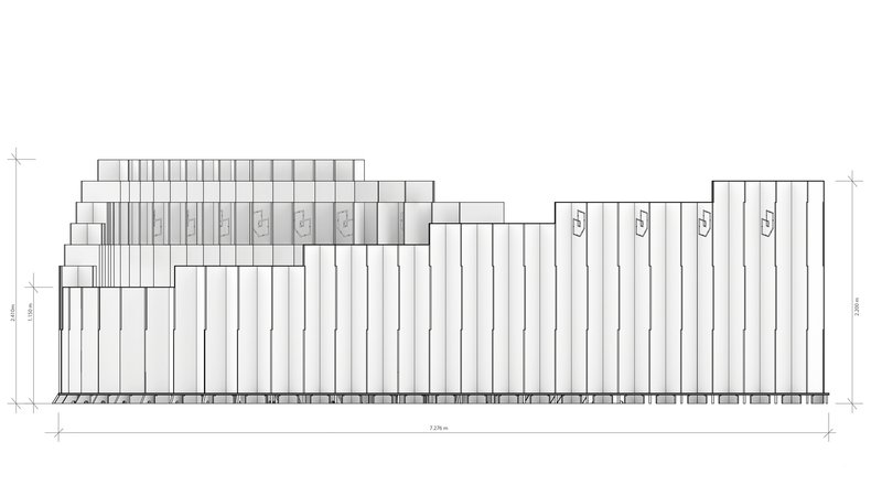Elevation drawing of the curved seating wall showing vertical modular elements in staggered heights