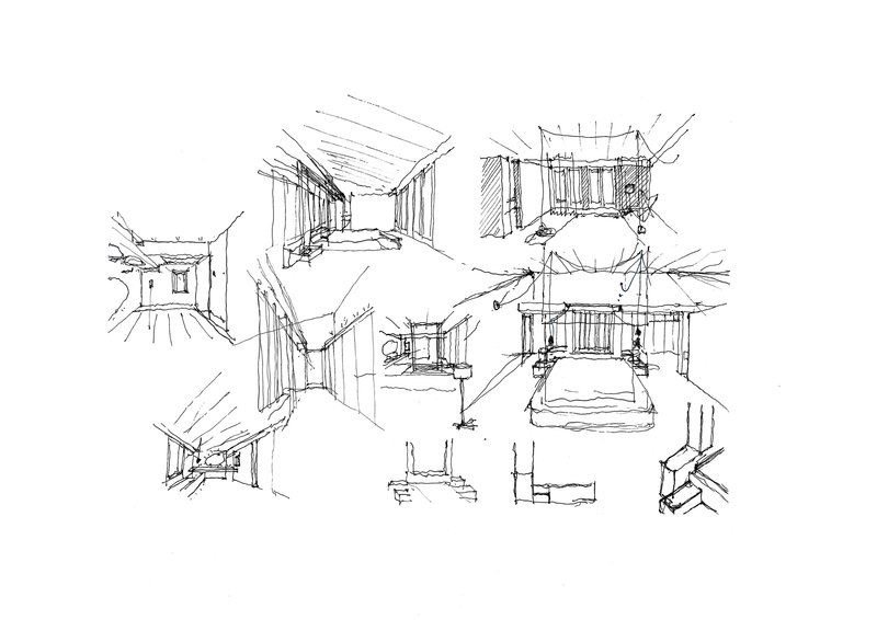 Perspective sketch studies showing various interior corridor views and spatial sequences throughout the residence