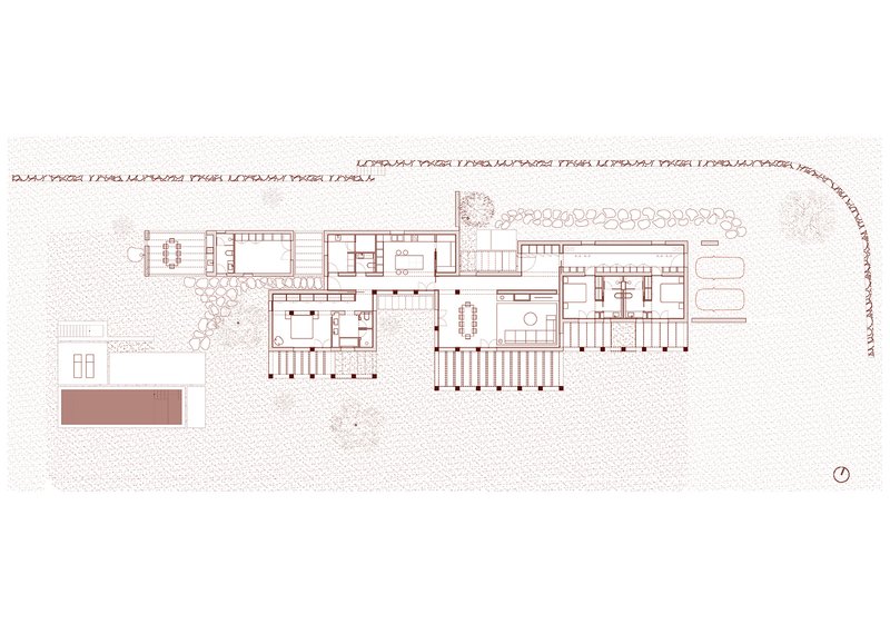 Floor plan drawing showing an elongated residence with courtyards and a row of trees along the curved site boundary