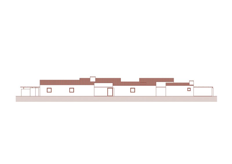 Elevation drawing depicting the long facade with white walls and terracotta tile roof sections