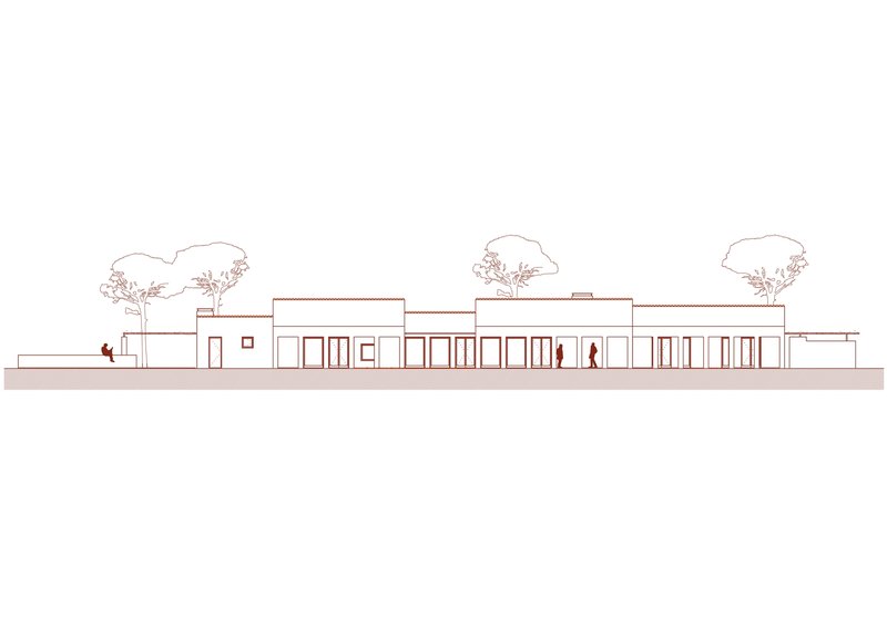 Elevation drawing showing the colonnade facade with silhouetted figures and three outlined trees above