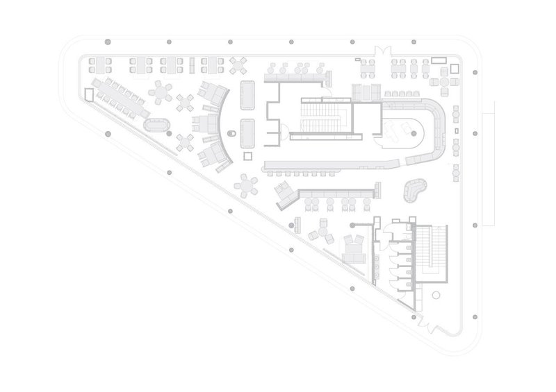 Floor plan drawing showing triangular layout with dining areas and central service core