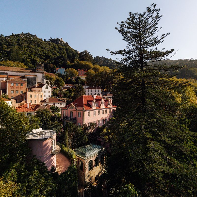 Aerial view of terraced structures with tiled roofs and a glass conservatory nestled among hillside trees
