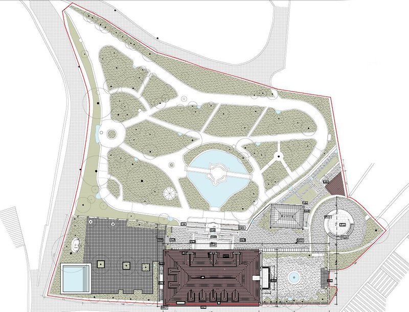 Site plan drawing showing a garden with central pond and adjacent building footprints