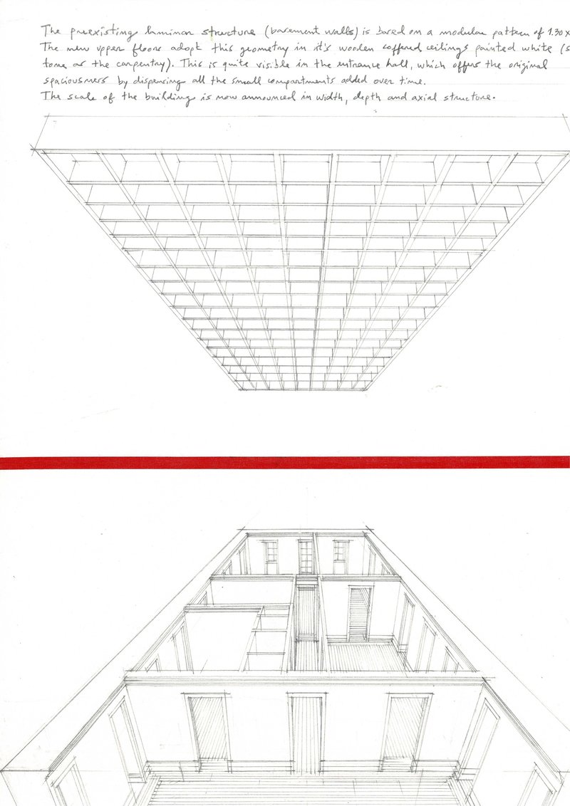 Axonometric drawings showing the trapezoidal laminar structure with layered beams and interior spatial volumes
