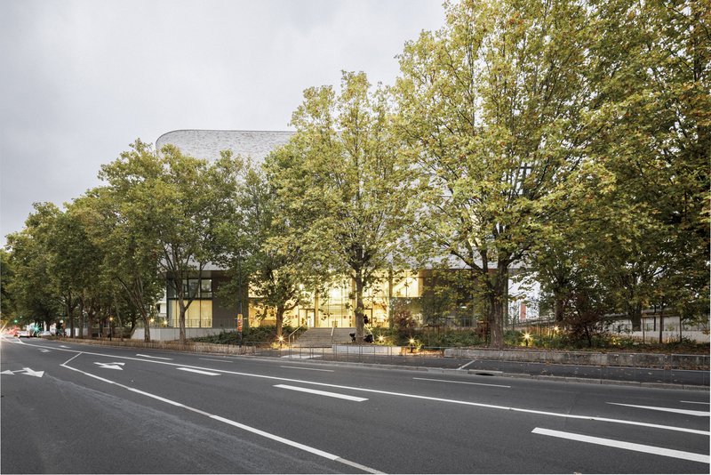 The glass-walled ground floor glowing at dusk behind a row of mature street trees