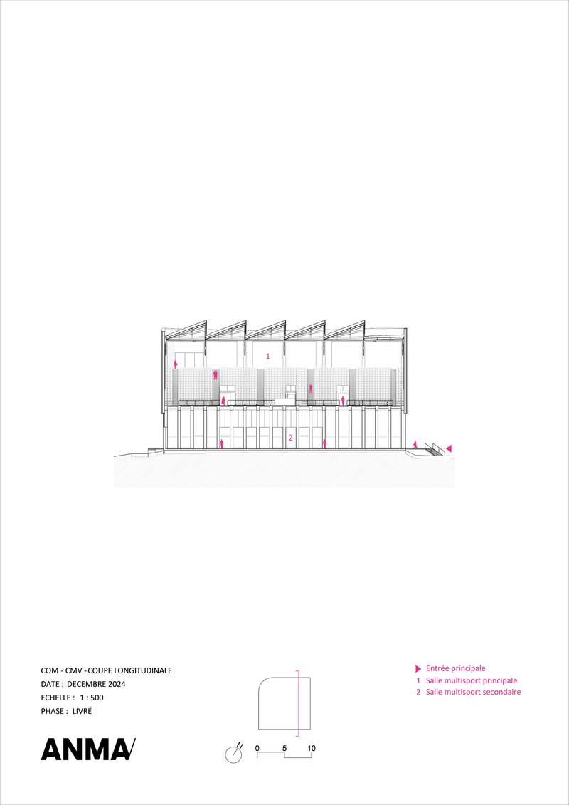Longitudinal section drawing showing sawtooth roof structure above tiered seating and exposed structural frame