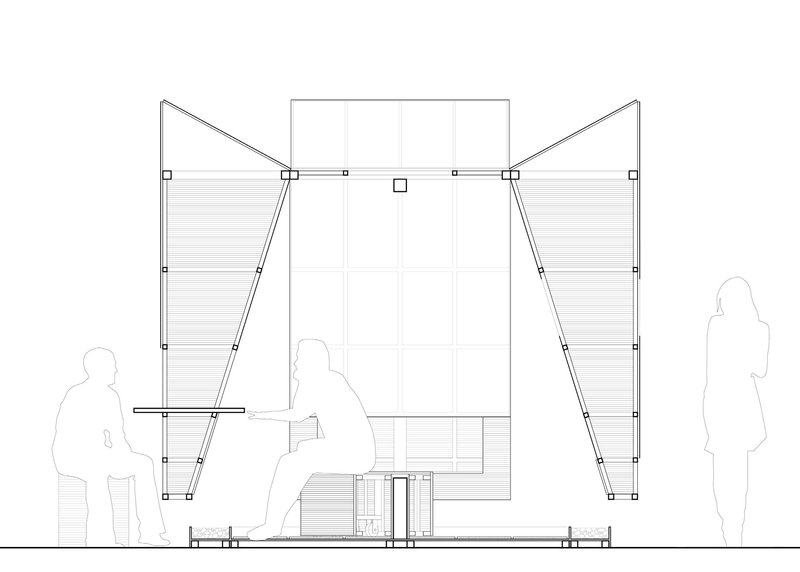 Section drawing depicting angled wall panels, a central volume, and three human figures for scale