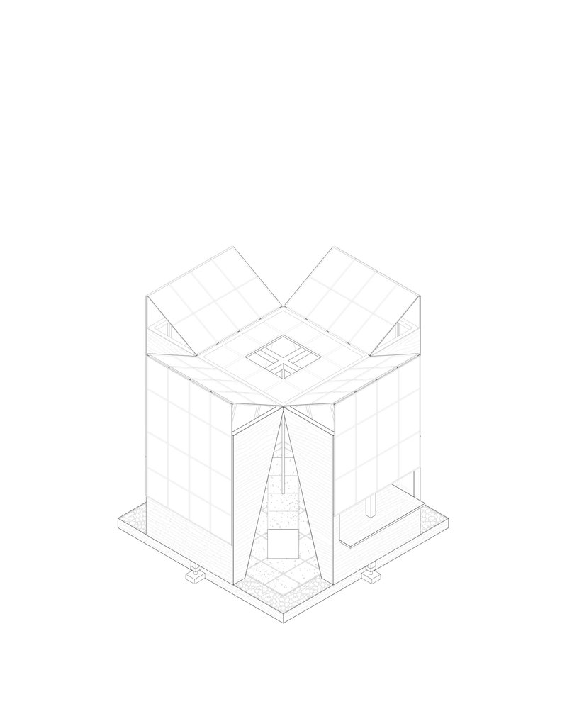 Axonometric drawing showing a square volume with butterfly roof and central skylight above entrance steps
