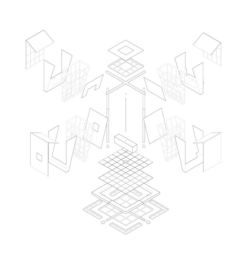 Exploded axonometric drawing revealing layered building components including roof planes, wall panels, and floor grids