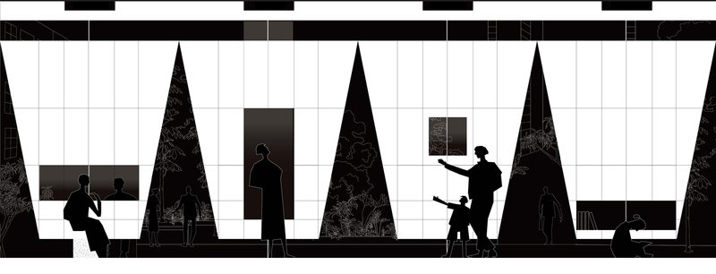 Section drawing depicting interior spaces with tall triangular voids and silhouetted figures at workstations