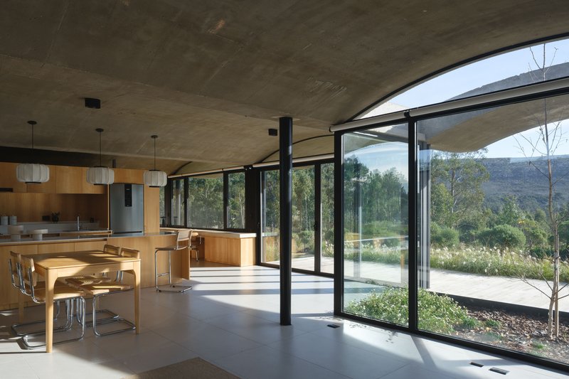 Open-plan kitchen and dining area with curved concrete ceiling and floor-to-ceiling glazing